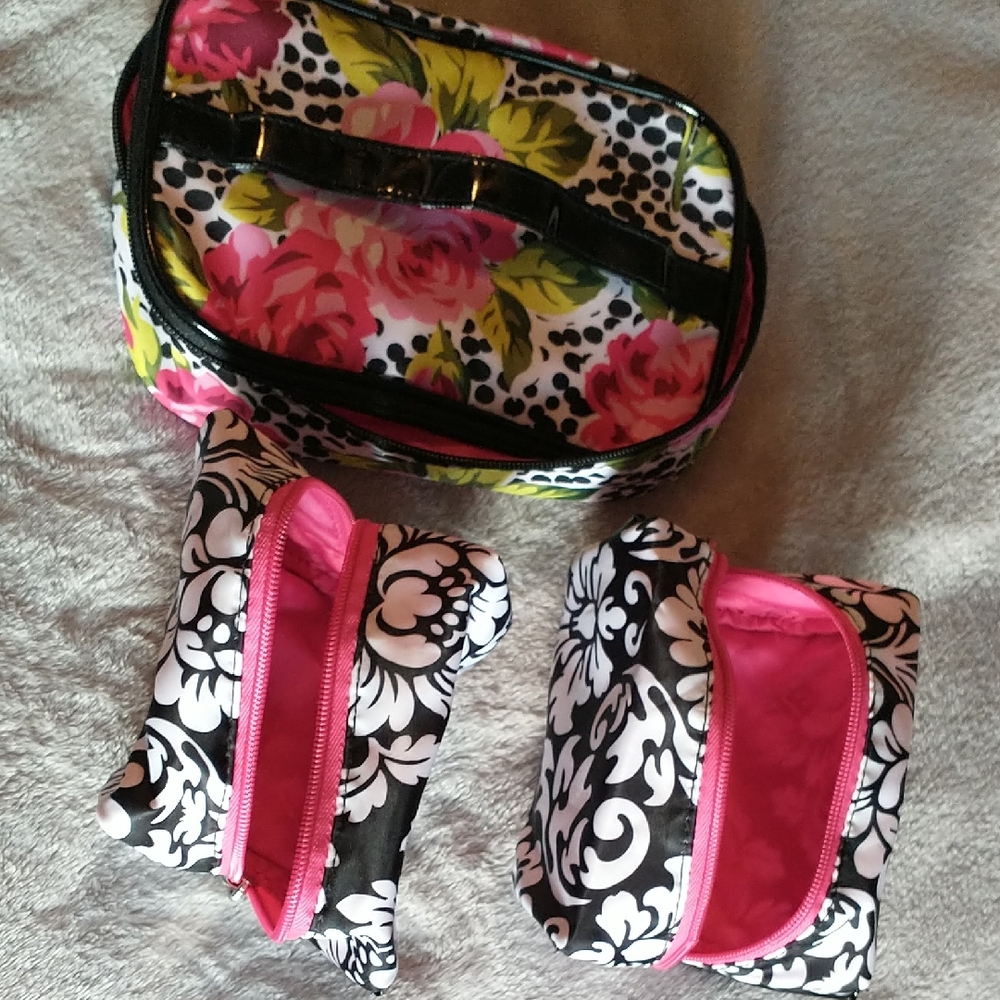Modella Black White Floral Cosmetic Bag Set with Pink Interior